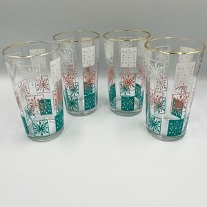 Set of 4 VTG Atomic Era Starburst Glass Tumbler MCM Blue White Pink 12 Oz